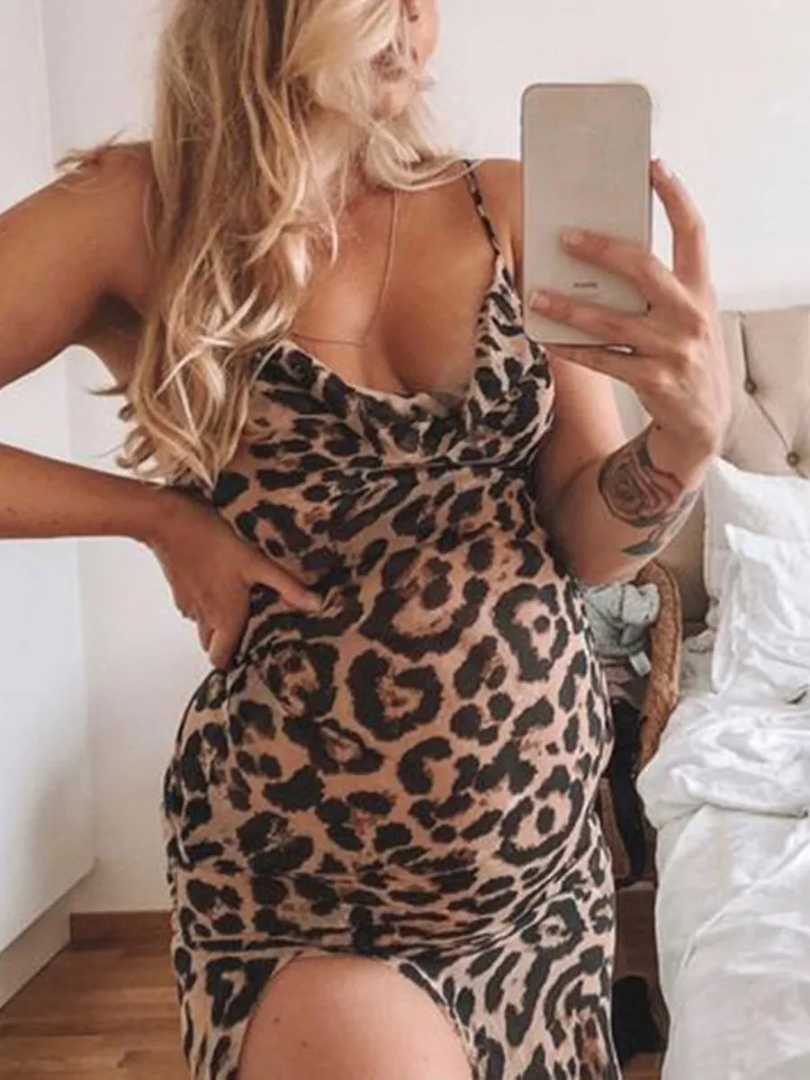 Maternity Leopard Print V-Neck Split Dress