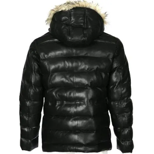 Mens Puffer Leather Jacket In Black With Fur Hoodie