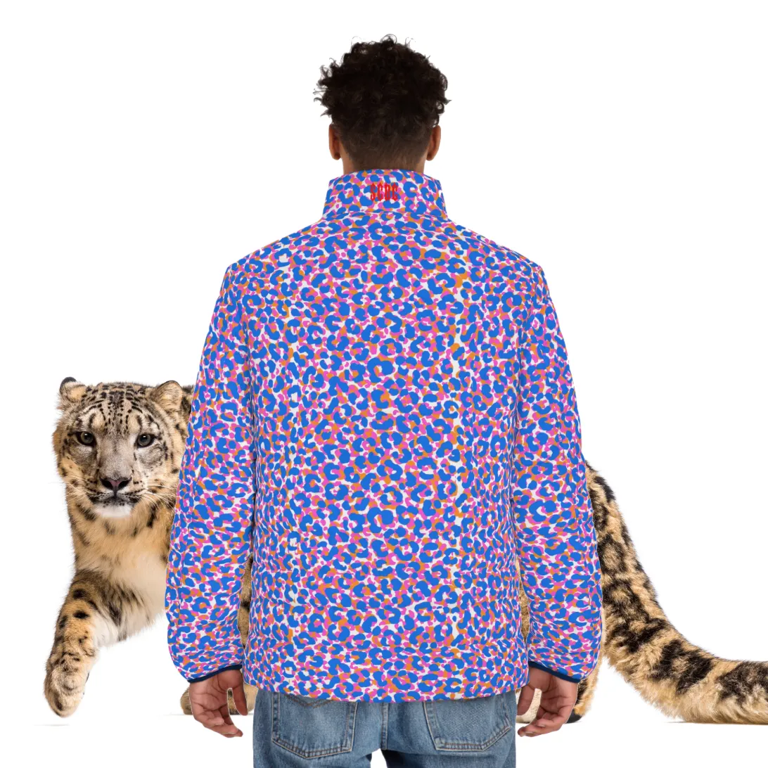 Men's SCBC " Spotted Frenzy" Puffer Jacket (AOP). Puffer Jacket, Spring, Mens Clothes, Warm Jacket, Lightweight, Deer, Graphic Design.