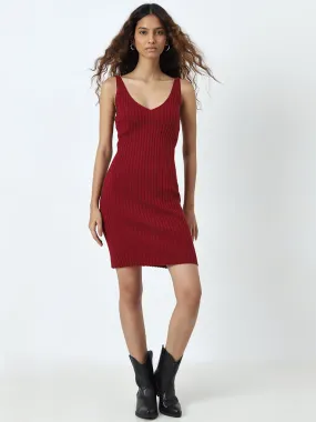 Nuon Burgundy Ribbed Cotton Bodycon Dress