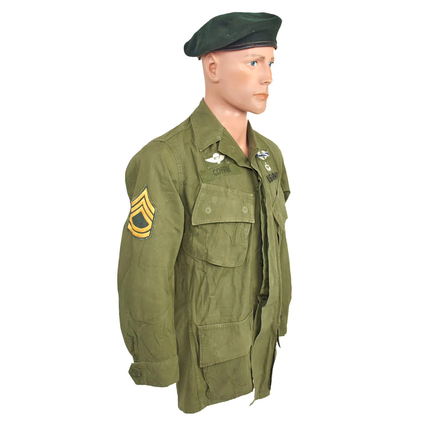 Original U.S. Vietnam War 3rd Special Forces Group Green Beret and Jungle Jacket Attributed to SFC Robert Coffin - Rare Morry Luxenberg Beret