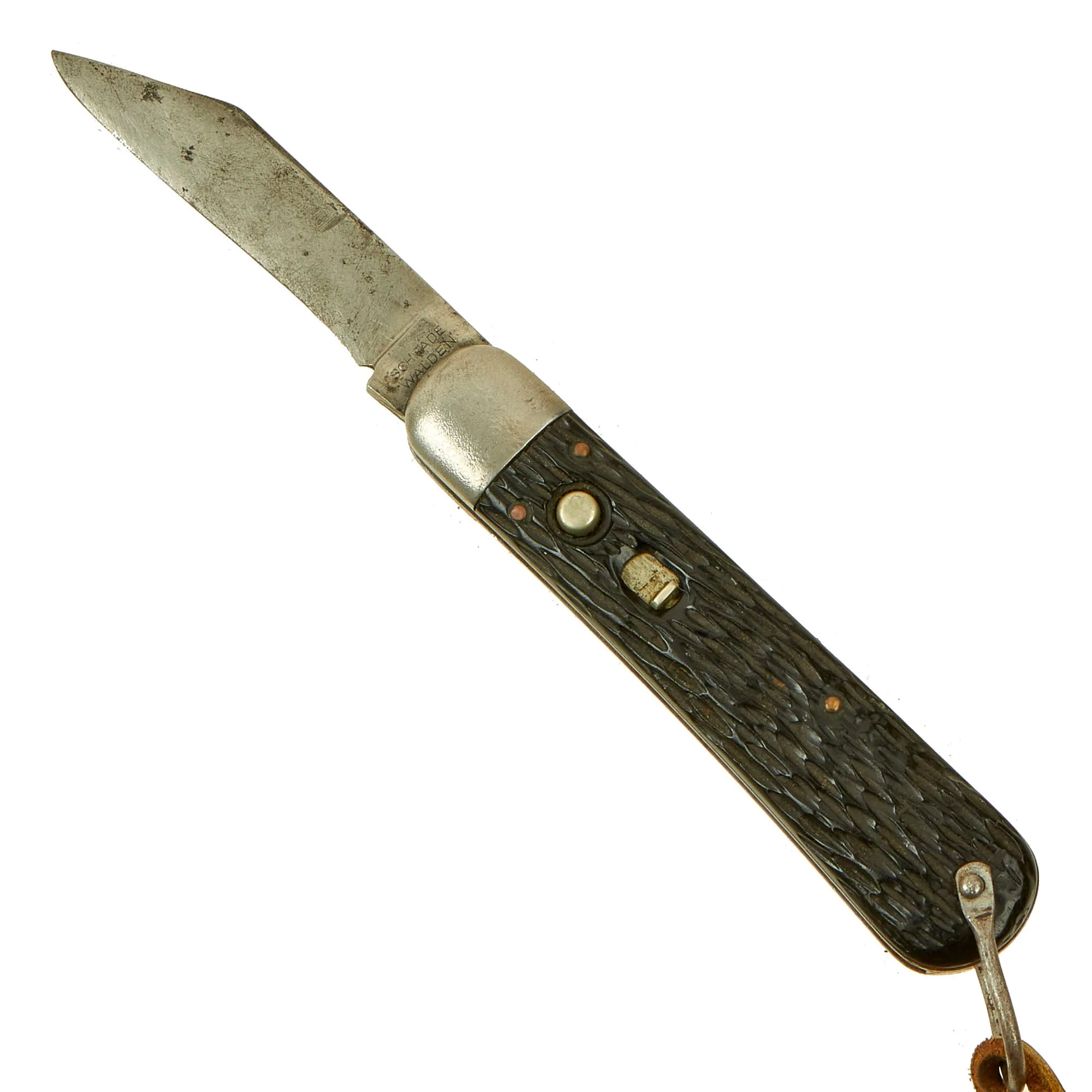 Original U.S. WWII style Korean War Airborne Schrade Walden NY M2 Pocket Knife with Bale and Leather Lanyard