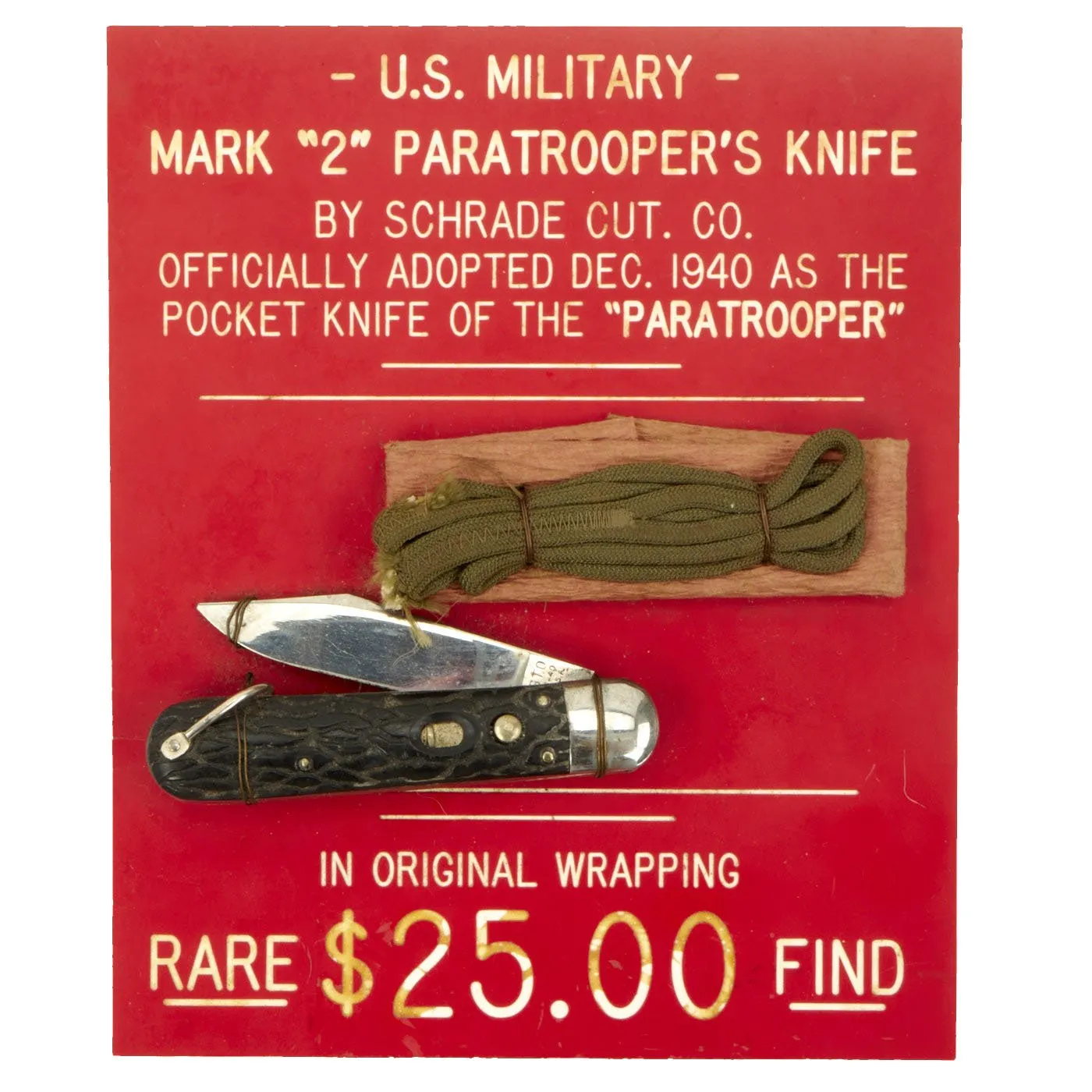 Original U.S. WWII Unissued Airborne Schrade "Presto" M2 Knife with Plastic Handle on Display Board