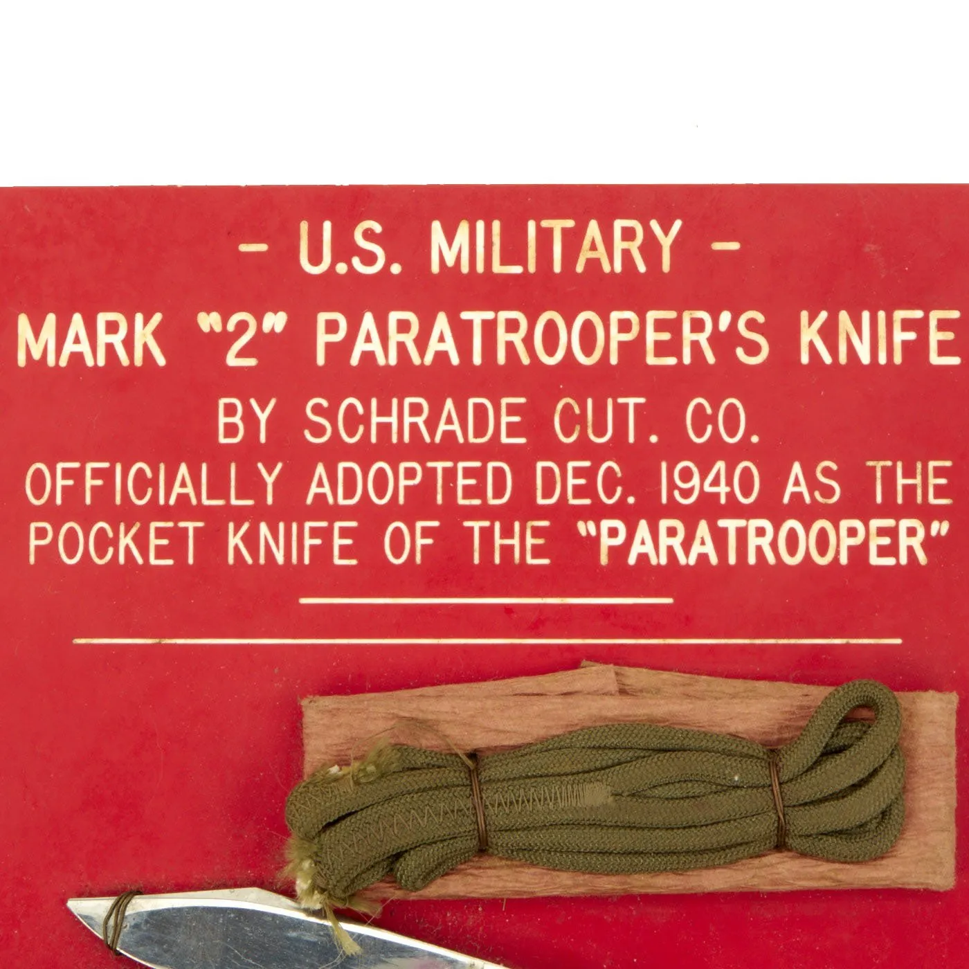 Original U.S. WWII Unissued Airborne Schrade "Presto" M2 Knife with Plastic Handle on Display Board