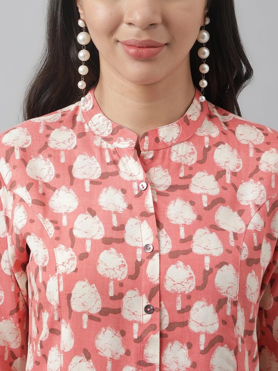 Peach Floral Printed Rayon A-Line Shirt Style Top