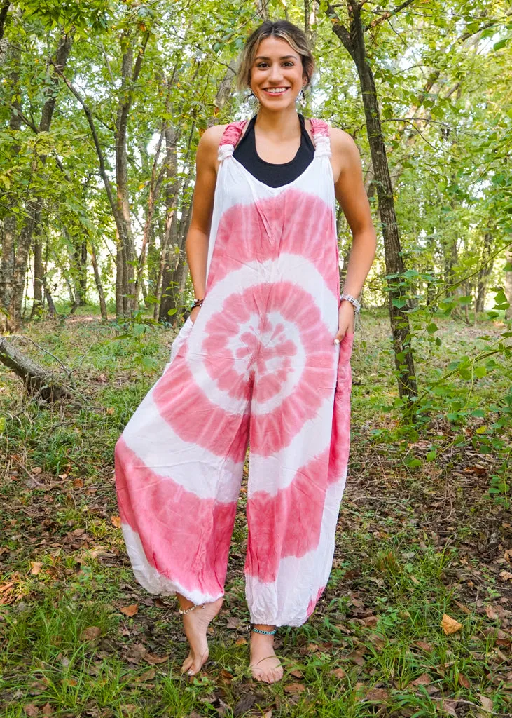 Pink and White Hand Dyed Hippie Racerback Dungarees Jumpsuit Romper