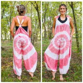 Pink and White Hand Dyed Hippie Racerback Dungarees Jumpsuit Romper