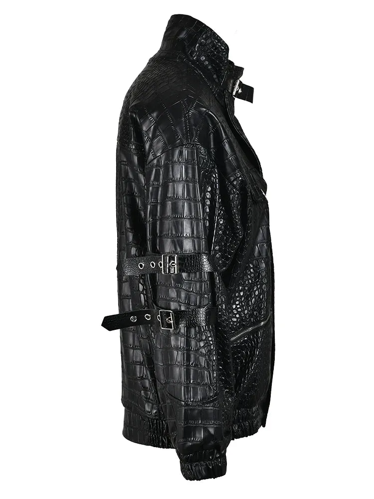 Pre Order:  Faux Crocodile Skin Stand Collar Jacket