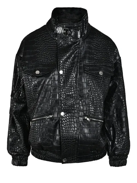 Pre Order:  Faux Crocodile Skin Stand Collar Jacket