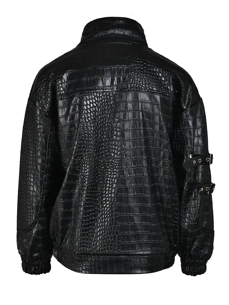 Pre Order:  Faux Crocodile Skin Stand Collar Jacket