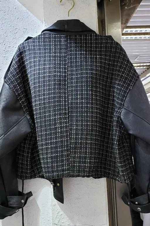 Pre Order:  Plaid Spliced Vegan Leather Jacket