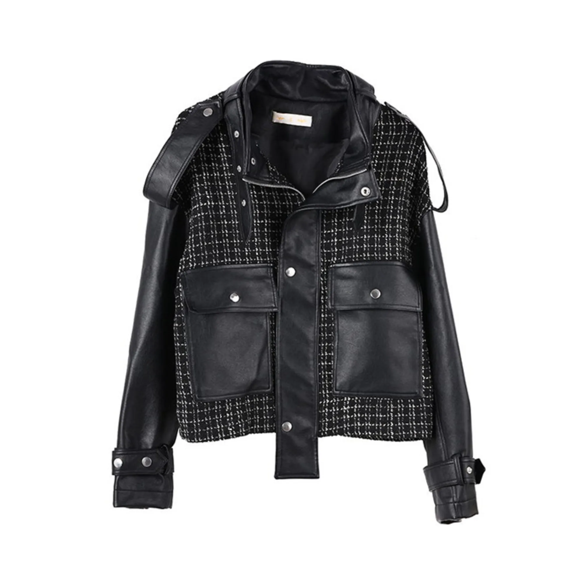 Pre Order:  Plaid Spliced Vegan Leather Jacket