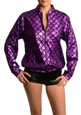 Purple Shiny Gloss Mermaid Scales Unisex Zip Disco Jacket