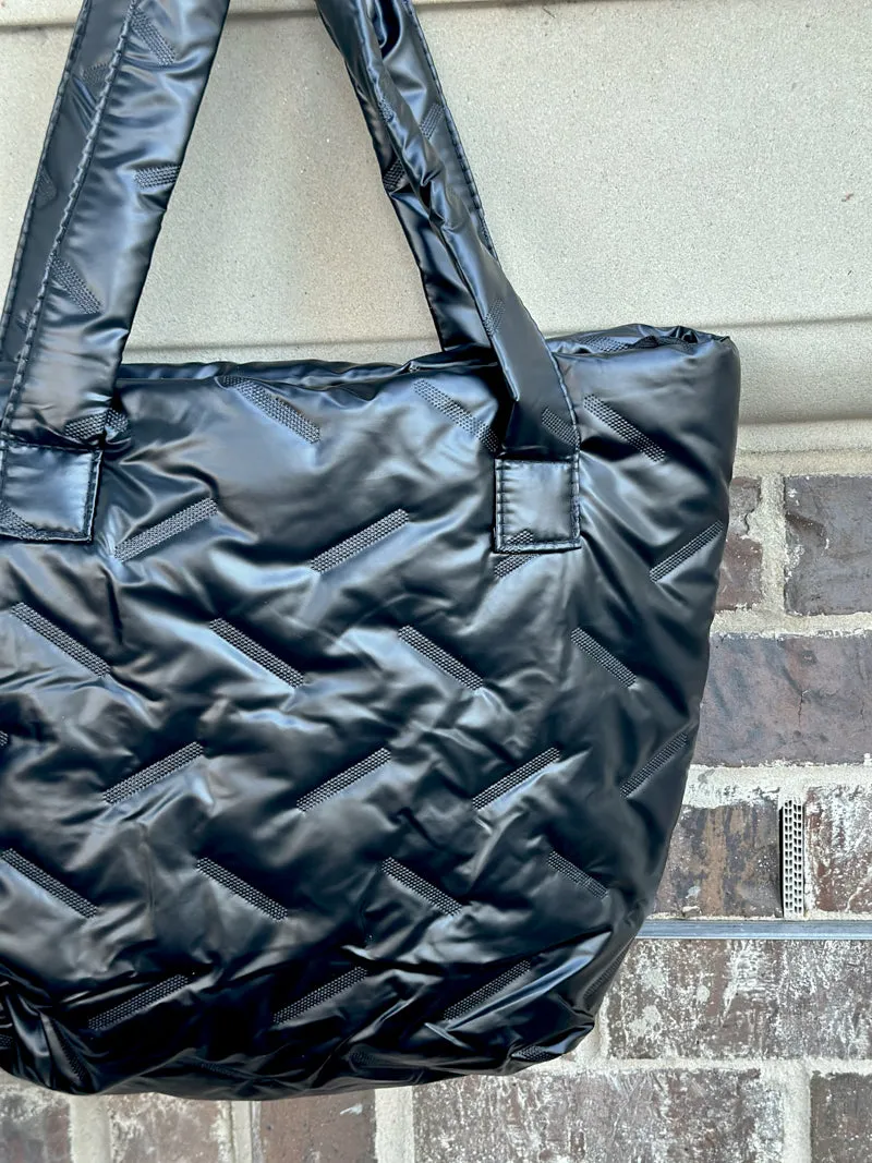 Quilted Elegance Metallic Puffer Tote Bag - Black