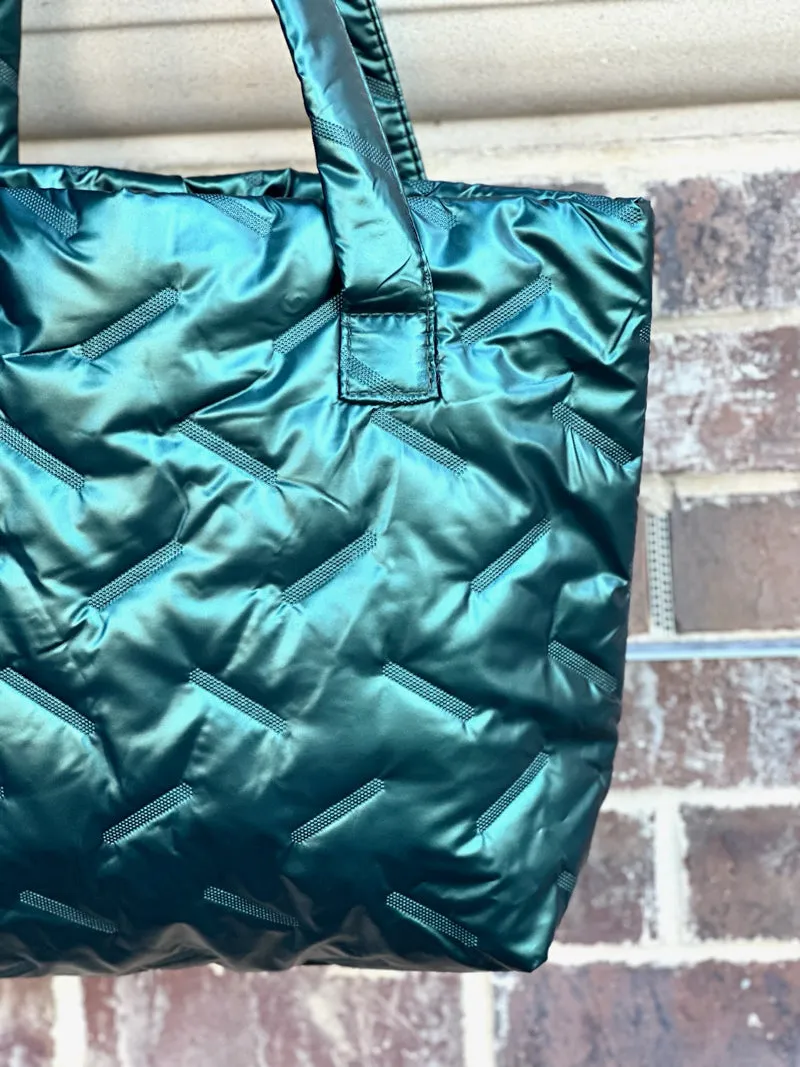 Quilted Elegance Metallic Puffer Tote Bag - Green