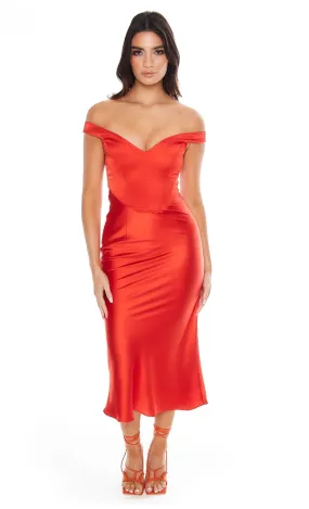 Red Bardot Corset Midi Slip Dress