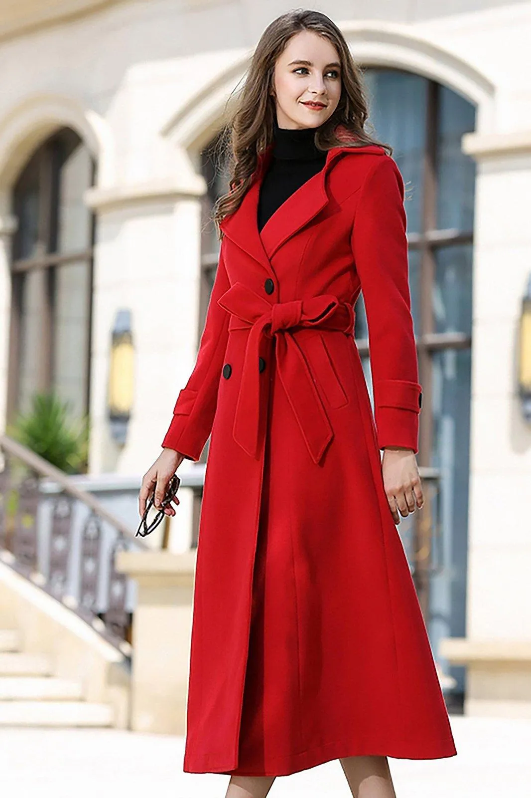 Red Double Breasted Belted Long Wool Blend Coat