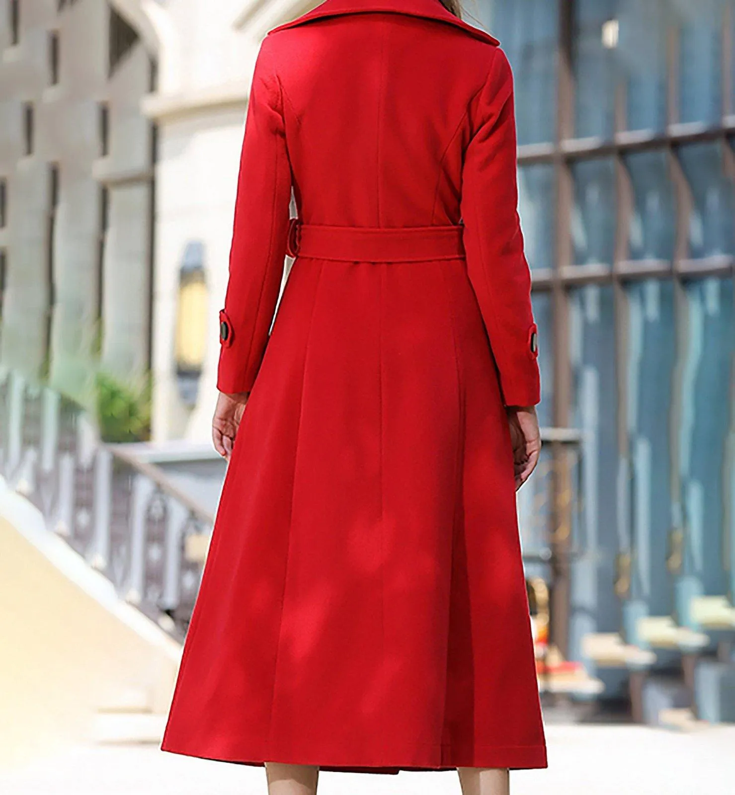 Red Double Breasted Belted Long Wool Blend Coat