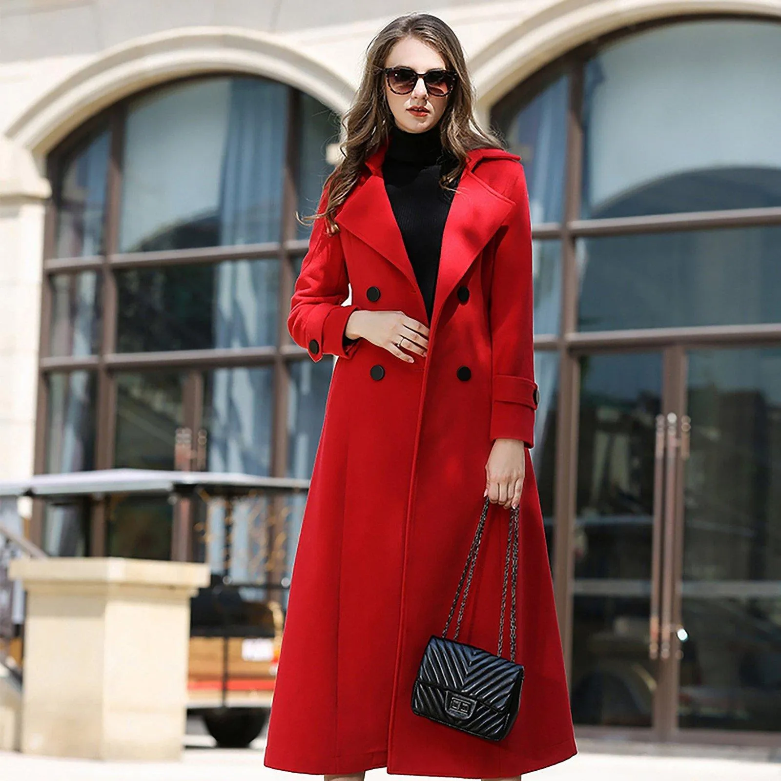 Red Double Breasted Belted Long Wool Blend Coat