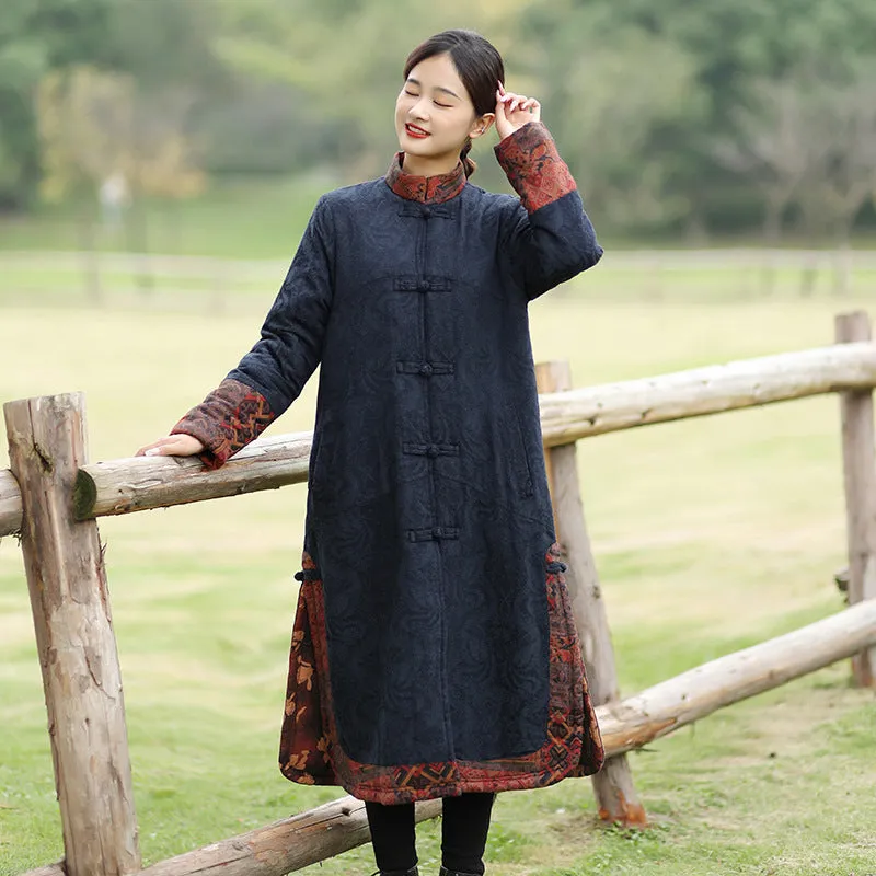 Retro Dark Blue Long Sleeve Jacquard Cotton Coat for Women