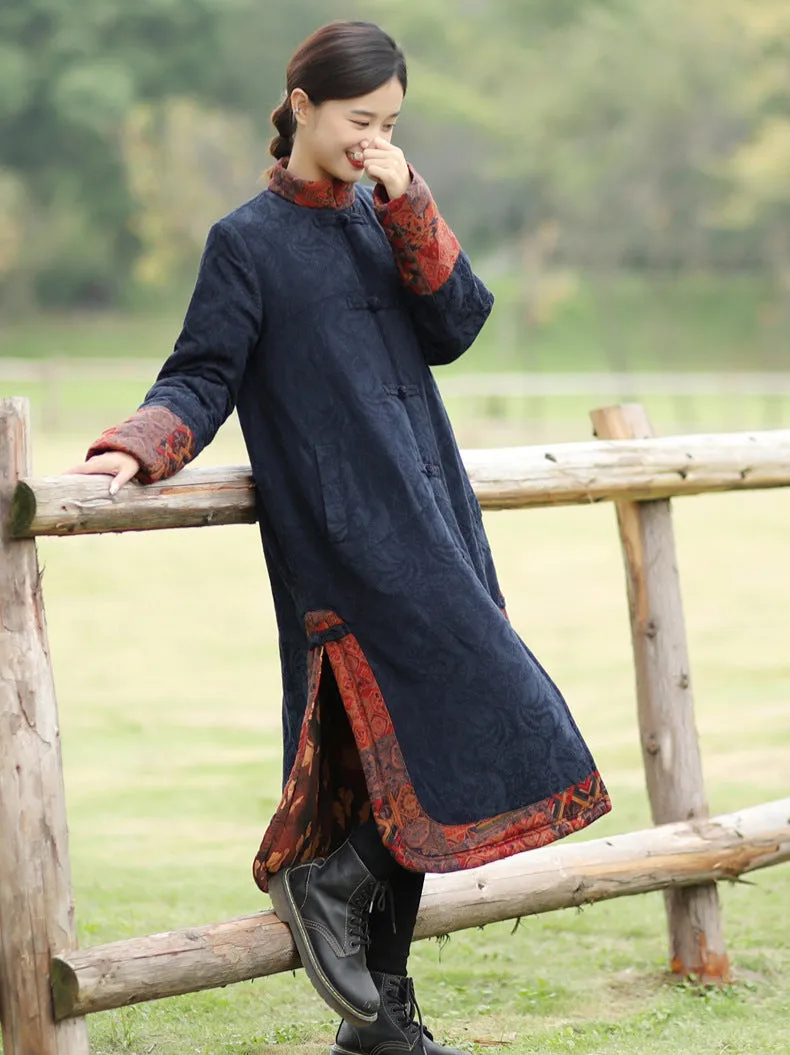 Retro Dark Blue Long Sleeve Jacquard Cotton Coat for Women