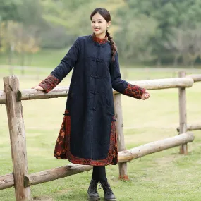 Retro Dark Blue Long Sleeve Jacquard Cotton Coat for Women