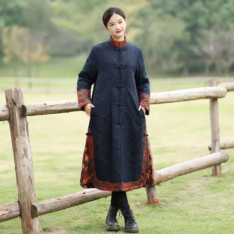 Retro Dark Blue Long Sleeve Jacquard Cotton Coat for Women