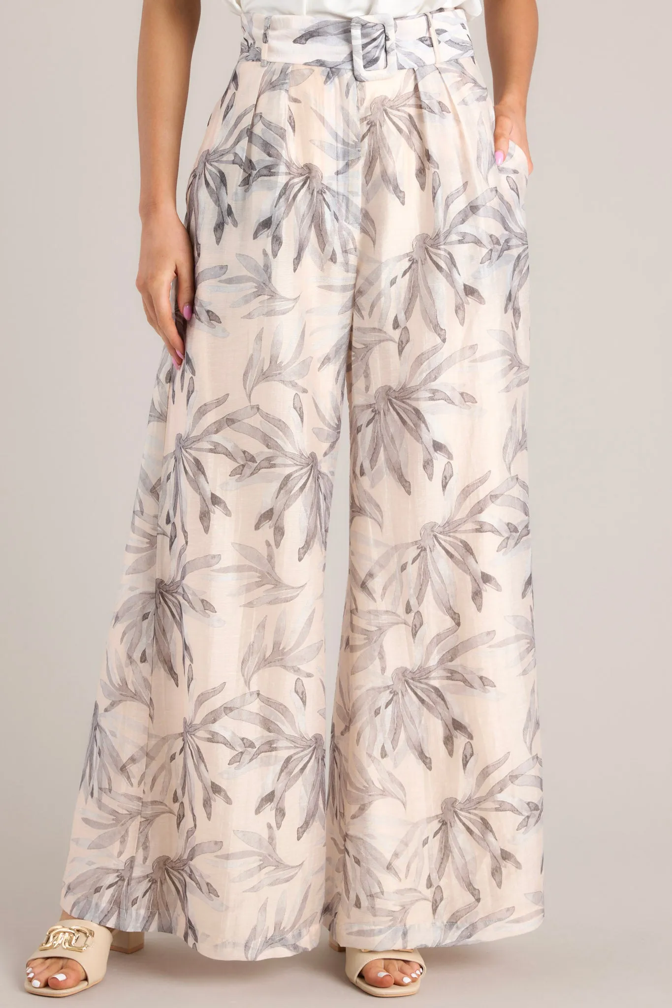 Sandy Toes Beige Tropical Print Belted Pants