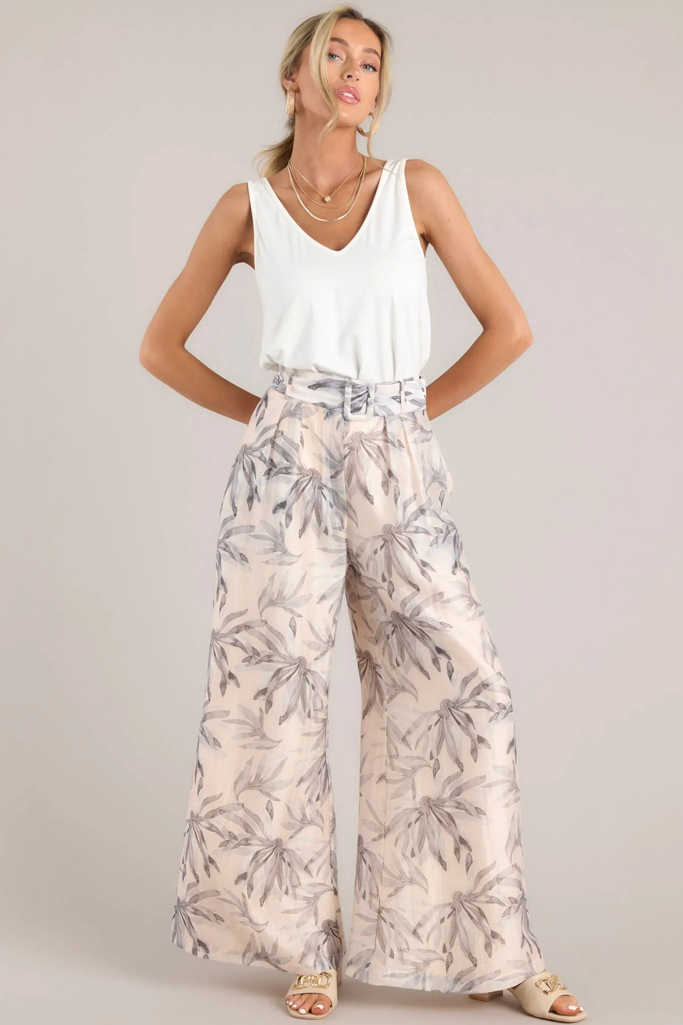 Sandy Toes Beige Tropical Print Belted Pants