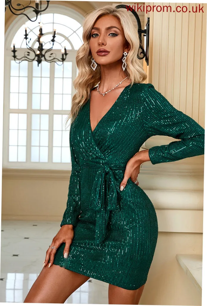 Sequined Marely Dresses Sash Long Sequins Mini Elegant Sleeves Club Dresses Bodycon V-Neck