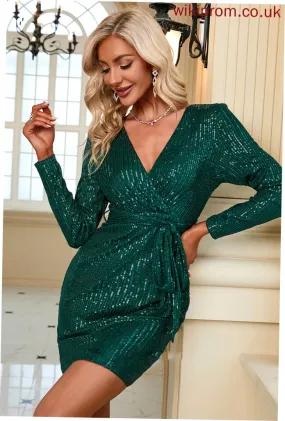 Sequined Marely Dresses Sash Long Sequins Mini Elegant Sleeves Club Dresses Bodycon V-Neck