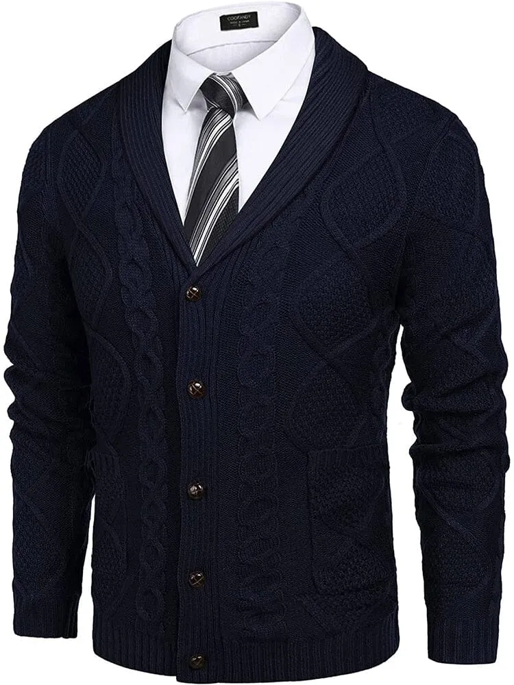 Shawl Collar Button Down Knitted Sweater with Pockets (US Only)