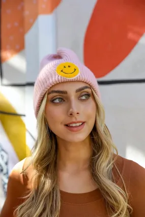 Smiley Face Ribbed Beanie (Pink)