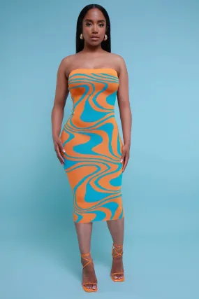 So Real Strapless Print Midi Dress - Orange/Blue