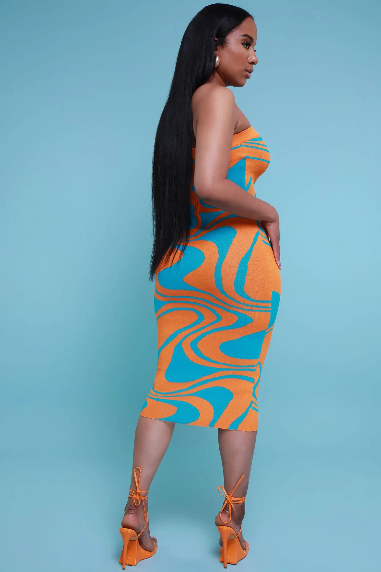 So Real Strapless Print Midi Dress - Orange/Blue