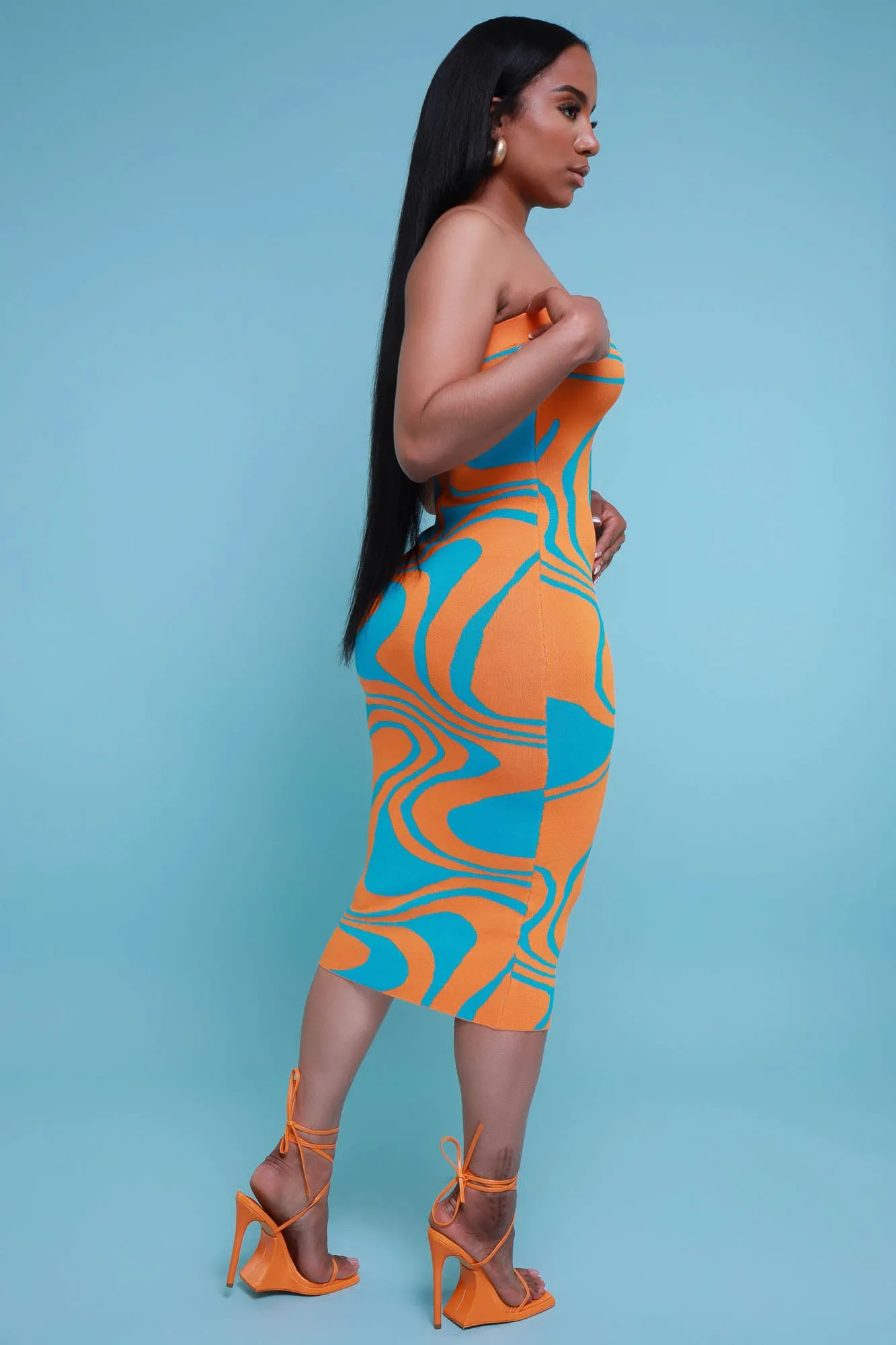 So Real Strapless Print Midi Dress - Orange/Blue