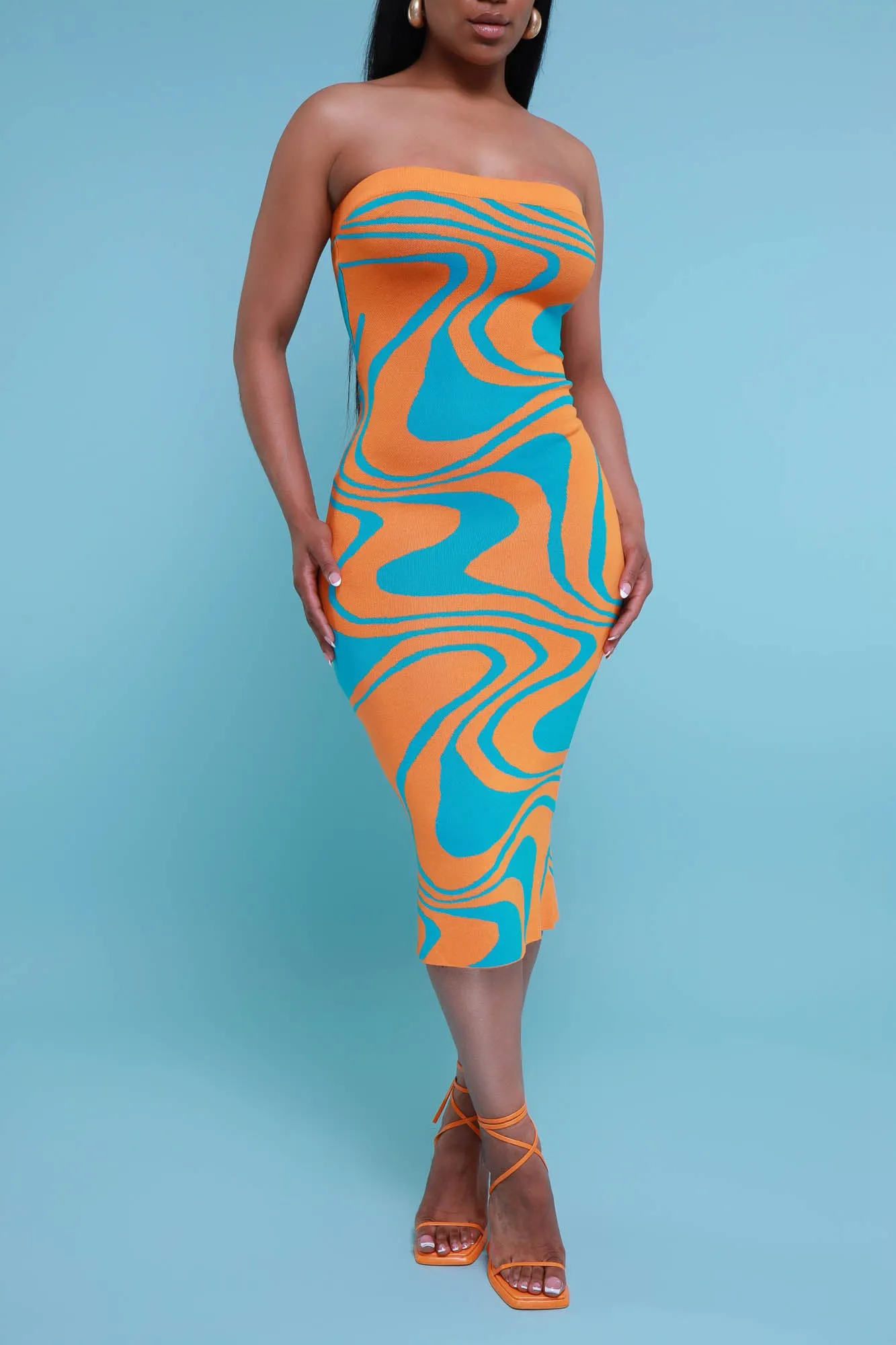 So Real Strapless Print Midi Dress - Orange/Blue