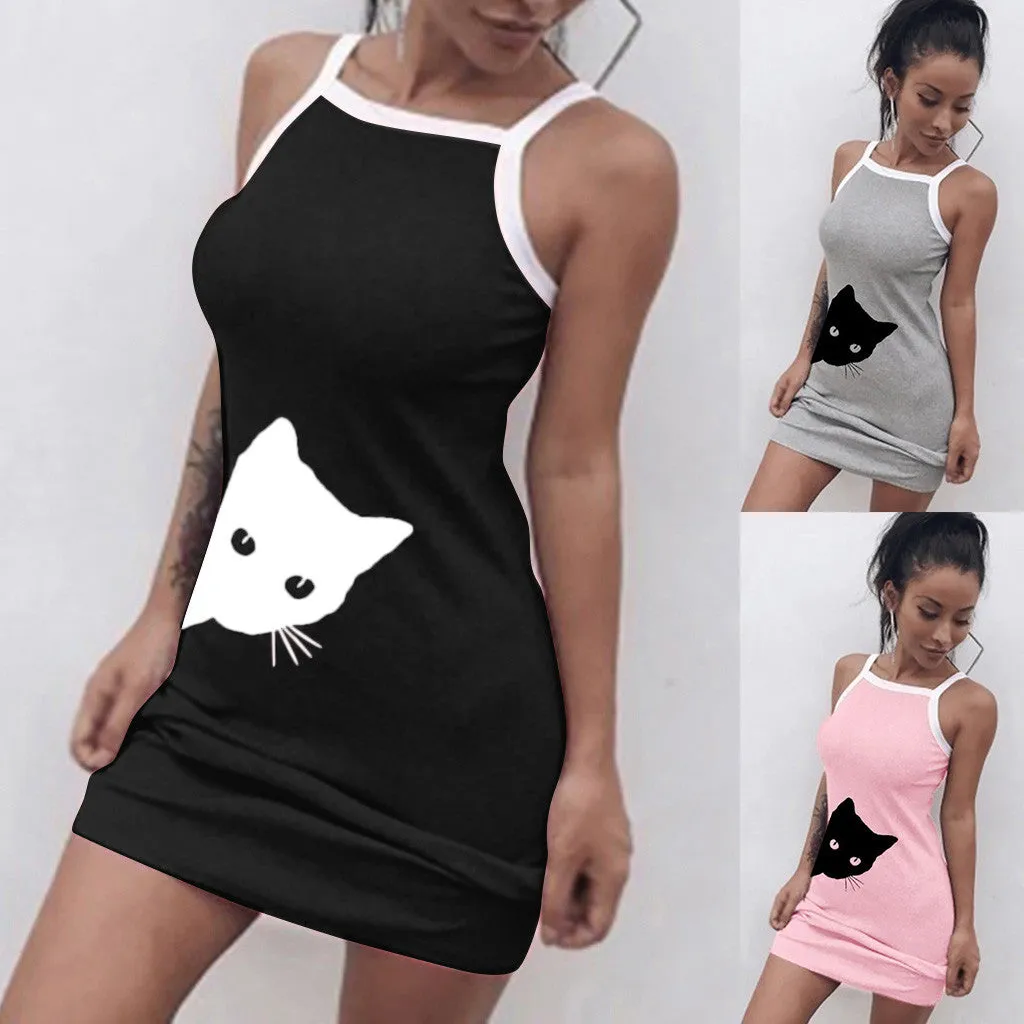 Summer Cute Cat Short Dress Slim Bodycon Sleeveless