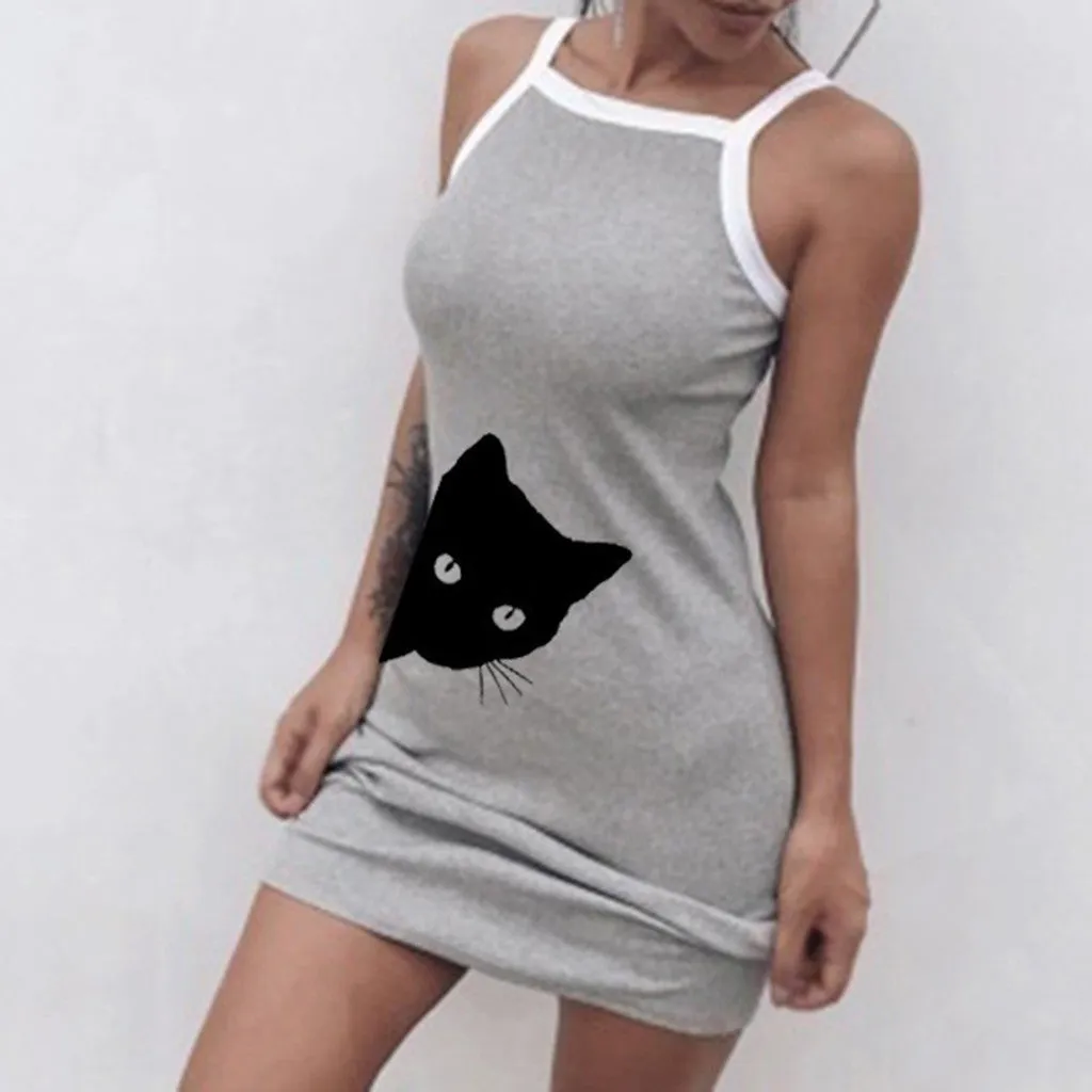 Summer Cute Cat Short Dress Slim Bodycon Sleeveless