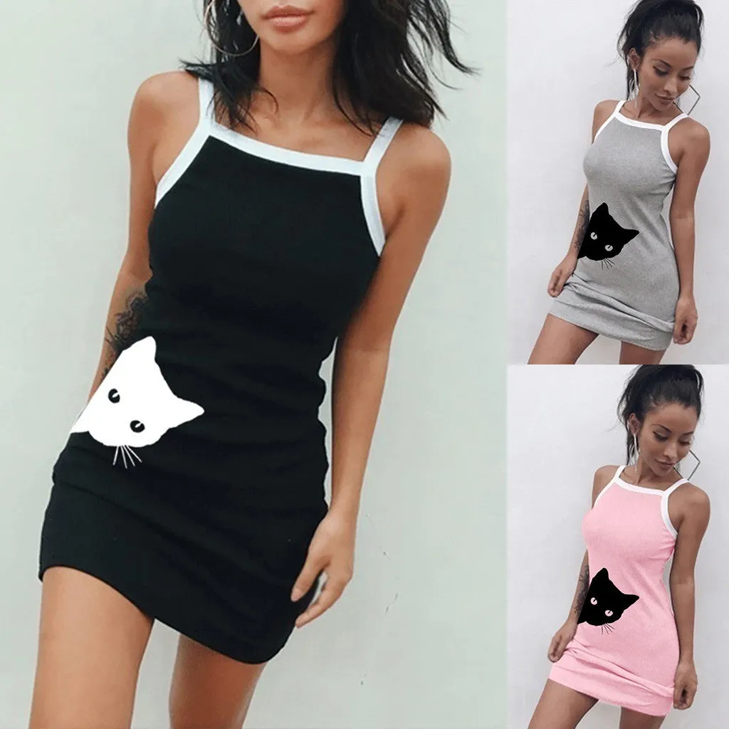 Summer Cute Cat Short Dress Slim Bodycon Sleeveless