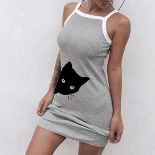 Summer Cute Cat Short Dress Slim Bodycon Sleeveless