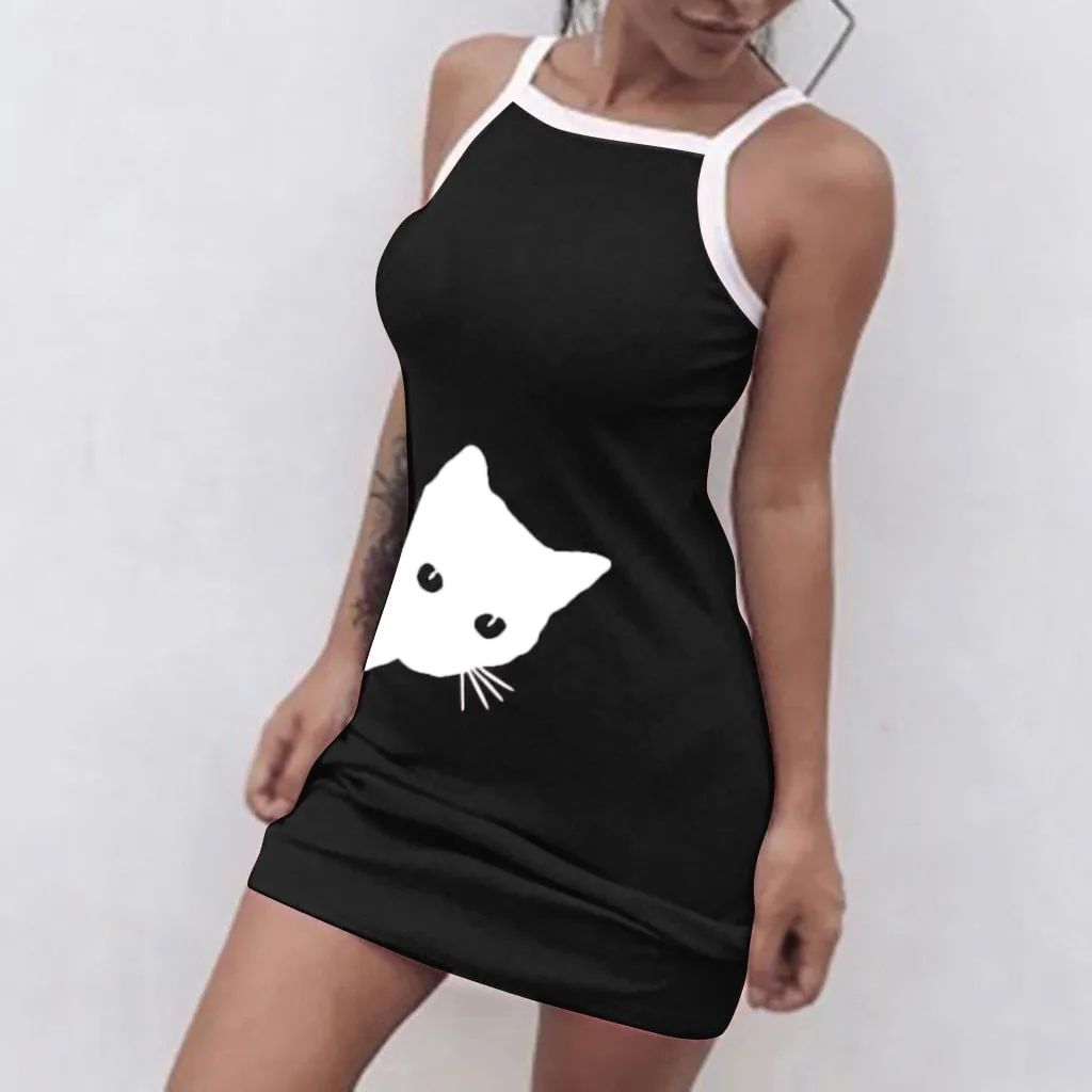 Summer Cute Cat Short Dress Slim Bodycon Sleeveless