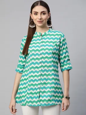 Teal Blue Geometric Rayon A-Line Shirts Style Top