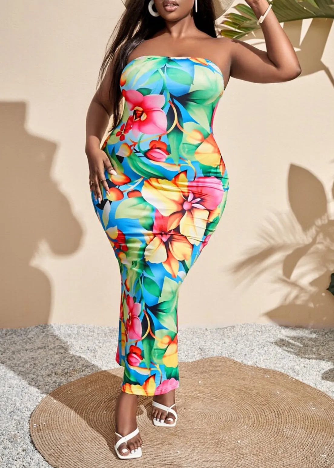 Tropical Floral Print Tube Bodycon Dress