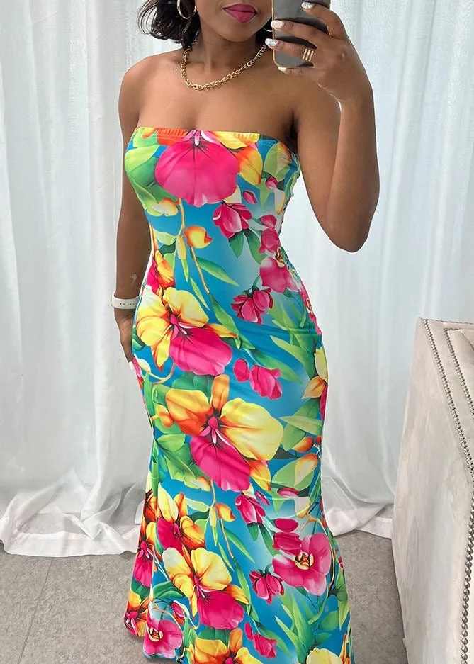 Tropical Floral Print Tube Bodycon Dress