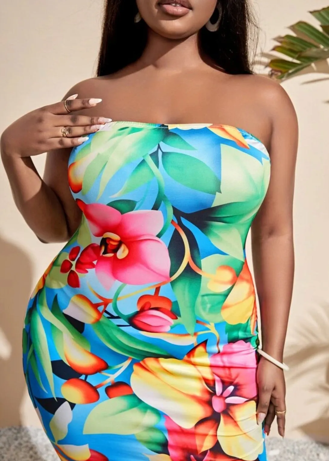 Tropical Floral Print Tube Bodycon Dress