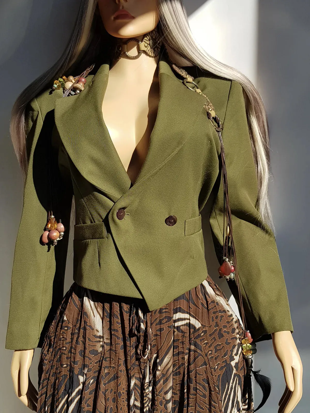 Vintage 90s Olive Green Asymmetical Avant Garde Tailored Nipped Waist Jacket - Hourglass Fit - Button Closure - Fully Lined