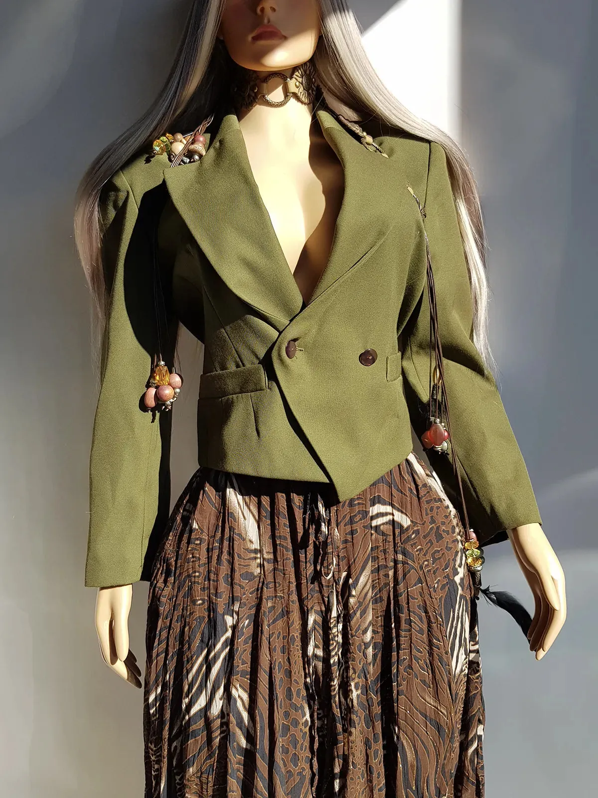 Vintage 90s Olive Green Asymmetical Avant Garde Tailored Nipped Waist Jacket - Hourglass Fit - Button Closure - Fully Lined