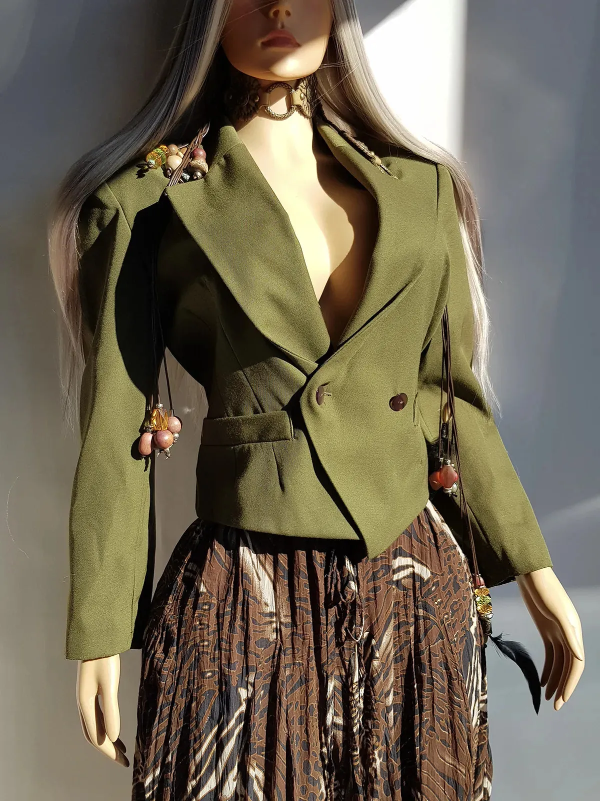 Vintage 90s Olive Green Asymmetical Avant Garde Tailored Nipped Waist Jacket - Hourglass Fit - Button Closure - Fully Lined