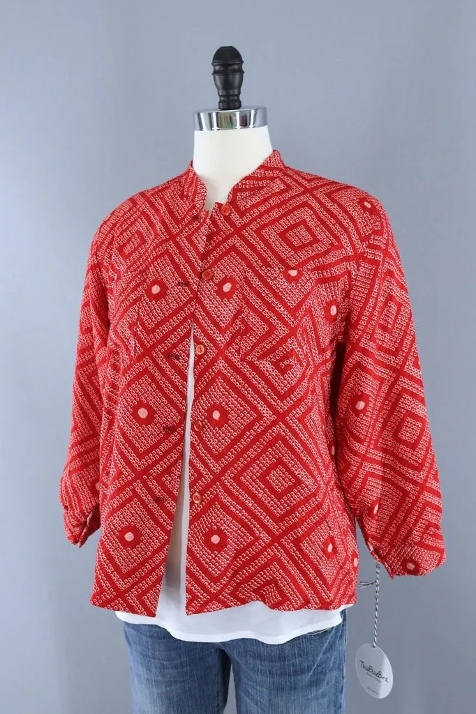 Vintage Kimono Silk Shirt Jacket / Red and White Shibori